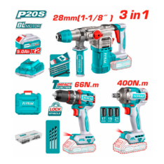 TALADRO 66NM + LLAVE DE IMPACTO 400 NM + ROTOMARTILLO (28MM) 1-1/8” 20V + 2BAT. 5.0 AH + CARGADOR + MALETA (TCKLI20638)