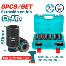 SET DADOS IMPACTO LARGO 3/4 PULG 8PCS 26-38MM CR-MO MALETIN INDUSTRIAL