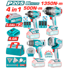 COMBO 4 EN 1. TALADRO 96NM + LLAVE 500NM + AMOLADORA + LINTERNA + 2X4.0AH IND
