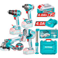 TALADRO 66NM +  ATORNILLADOR IMPACTO 285NM + AMOLADORA  4-1/2” + LINTERNA 20V + 2BAT 4.0 AH + CARGADOR (TOSLI250692)