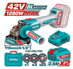 AMOLADORA 1280W 42V, CON 2 BATERÍA 2.5AMP – TOTAL