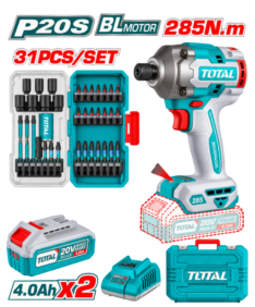 ATORNILLADOR DE IMPACTO 20V BRUSHLESS, 285NM, CON 2 BAT, 4 AMP. + PUNTERAS DE IMPACTO – TOTAL