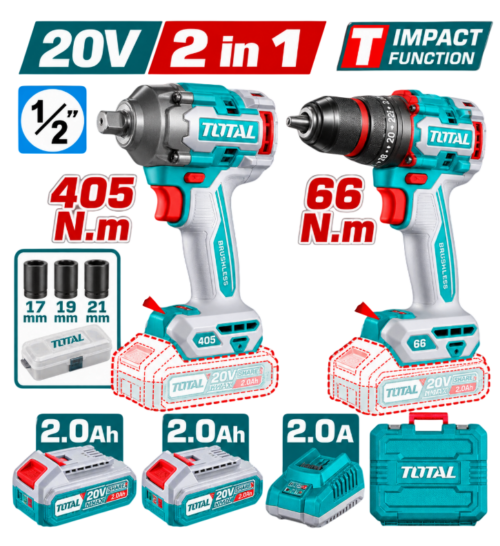 COMBO TALADRO Y PISTOLA IMPACTO 405N.M. 20V EN MALETA
