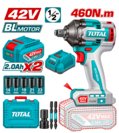 LLAVE DE IMPACTO 1/2″ 460N.M. 42V CON 2 BATERÍA 2AMP Y CARGADOR – TOTAL