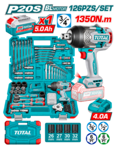 MEGA COMBO LLAVE DE IMPACTO 3/4″ 1350 N.M. + 126 DADOS Y ACCESORIOS – TOTAL
