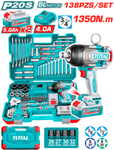 SET DE HERRAMIENTAS CON TALADRO 1350N.M 20V 138PCS – TOTAL