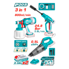 MEGA COMBO PISTOLA PARA PINTAR + ASPIRADORA + HIDROLAVADORA 20V -TOTAL