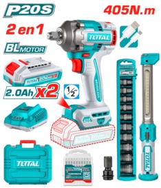 MEGA COMBO LLAVE DE IMPACTO 405N.M 20V+DADOS IMPACTO+LÁMPARA – TOTAL