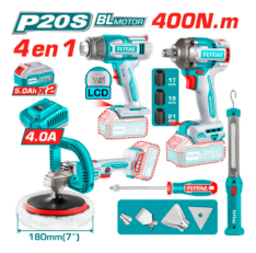 MEGA COMBO LLAVE DE IMPACTO 1/2″ + PULIDORA + PISTOLA DE CALOR DIGITAL 20V + LINTERNA – TOTAL