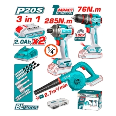 COMBO TALADRO 76 N.M. + ATORNILLADOR DE IMPACTO + SOPLADORA 20V -TOTAL