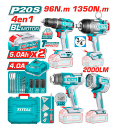 MEGA COMBO LLAVE DE IMPACTO 1350 N.M. + LLAVE DE IMPACTO 96 N.M. + PISTOLA DE CALOR + LÁMPARA 20V-TOTAL