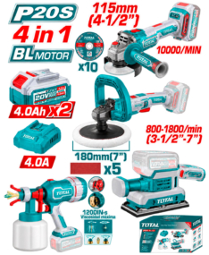 MEGA COMBO AMOLADORA + PULIDORA + LIJADORA + PISTOLA DE PINTAR 20V-TOTAL