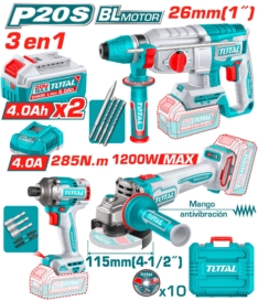 MEGA COMBO MARTILLO PERFORADOR + AMOLADORA + ATORNILLADOR DE IMPACTO – TOTAL
